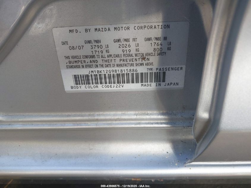 2008 Mazda Mazda3 I Sport VIN: JM1BK12G981815886 Lot: 43986575