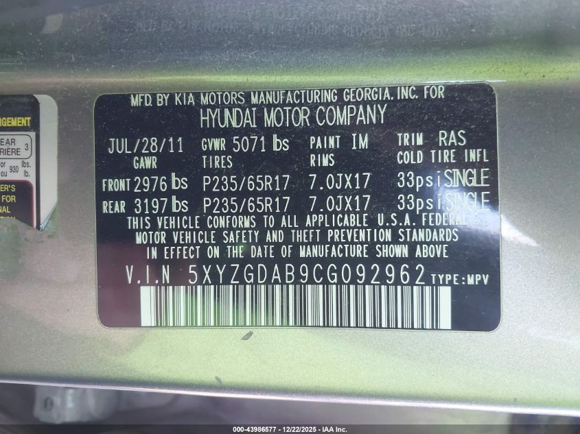 2012 Hyundai Santa Fe Gls VIN: 5XYZGDAB9CG092962 Lot: 43986577