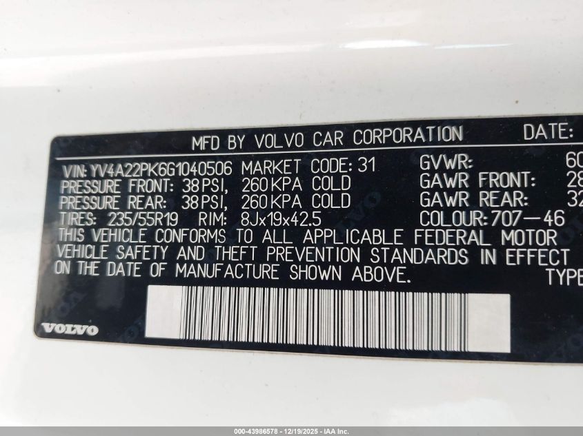 2016 Volvo Xc90 T6 Momentum VIN: YV4A22PK6G1040506 Lot: 43986578