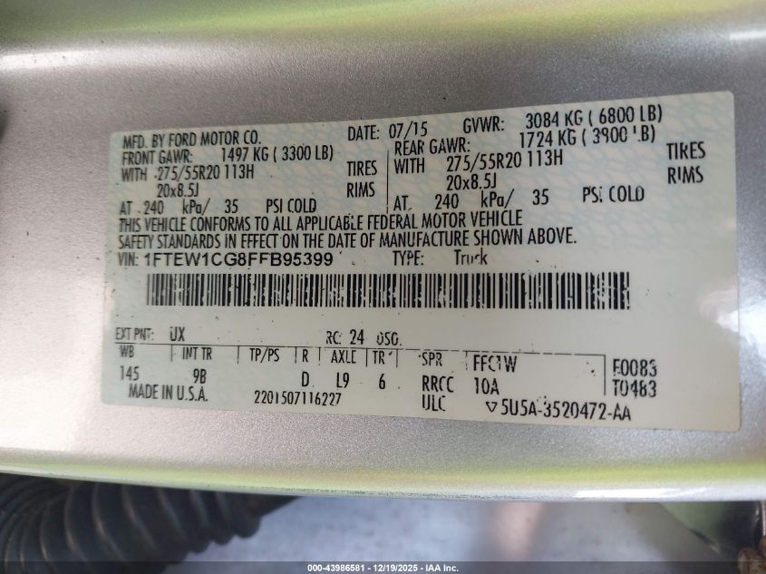 2015 Ford F-150 Platinum VIN: 1FTEW1CG8FFB95399 Lot: 43986581
