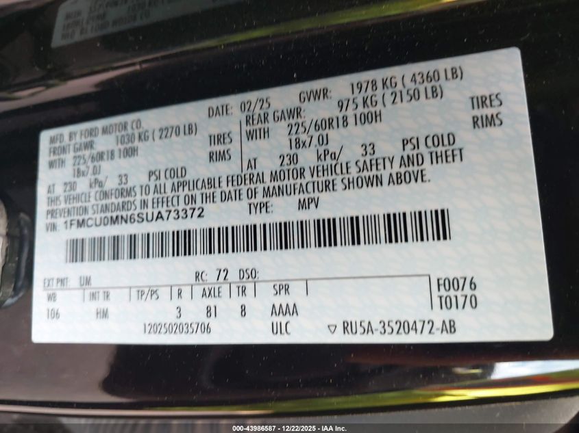 2025 Ford Escape St-Line VIN: 1FMCU0MN6SUA73372 Lot: 43986587