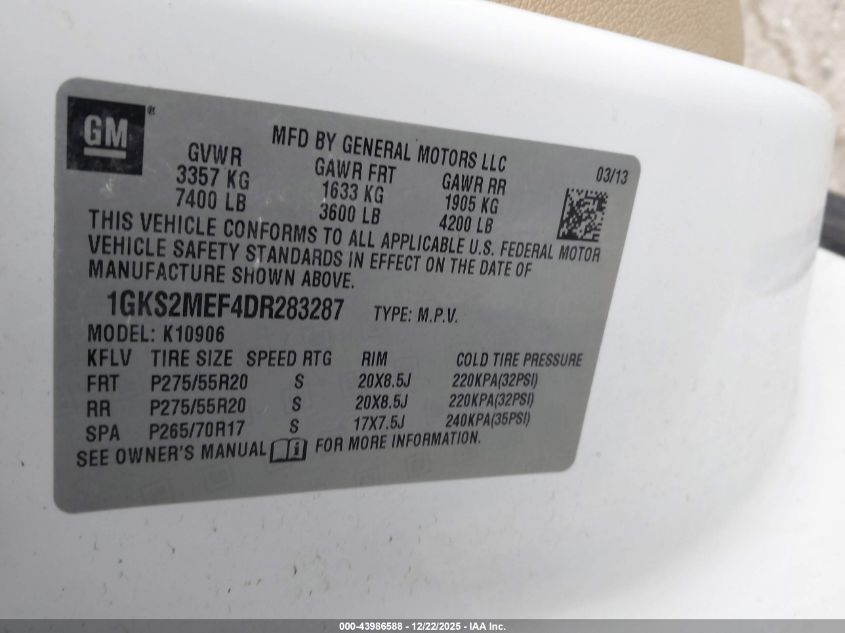 2013 GMC Yukon Xl 1500 Denali VIN: 1GKS2MEF4DR283287 Lot: 43986588