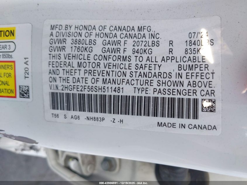 2025 Honda Civic Sport VIN: 2HGFE2F56SH511481 Lot: 43986591