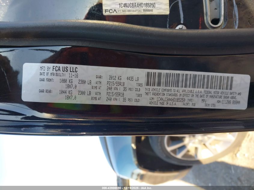 2017 Jeep Compass Sport Se Fwd VIN: 1C4NJCBA4HD185250 Lot: 43986590