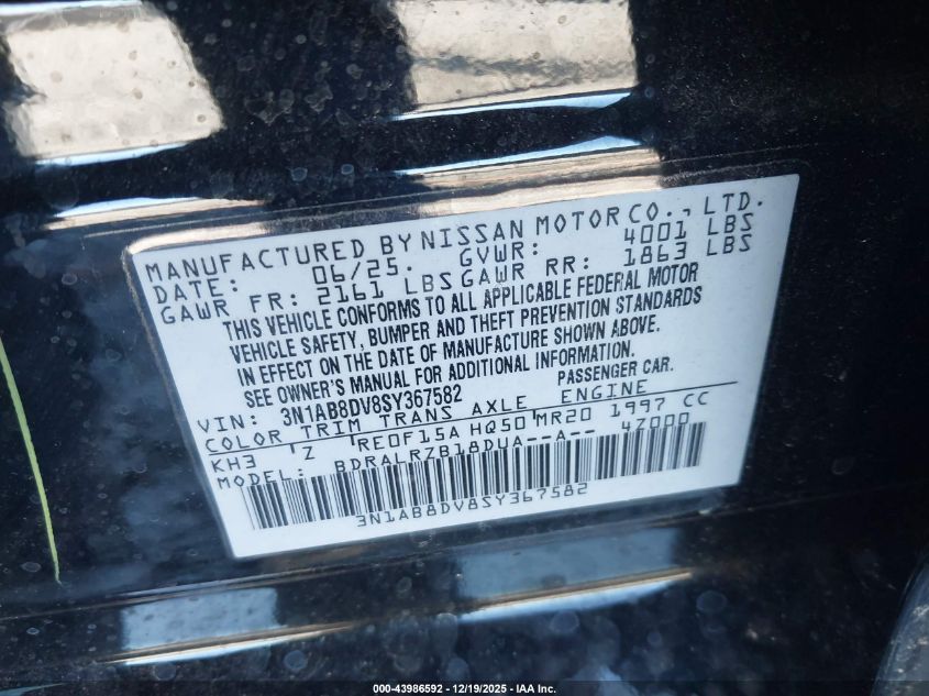 2025 Nissan Sentra Sr VIN: 3N1AB8DV8SY367582 Lot: 43986592