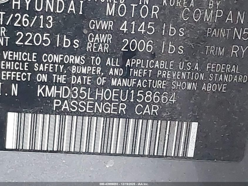 2014 Hyundai Elantra Gt VIN: KMHD35LH0EU158664 Lot: 43986593