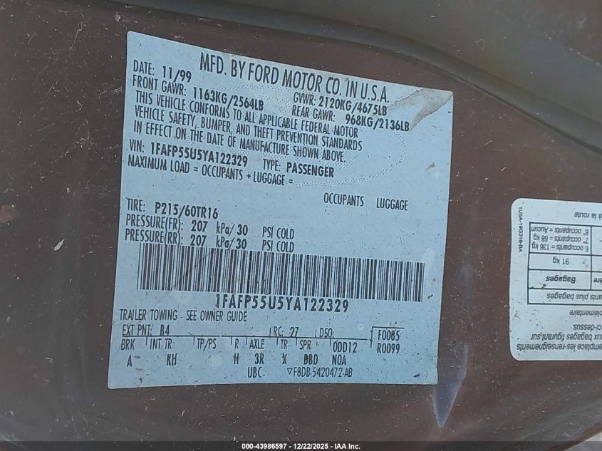 2000 Ford Taurus Ses VIN: 1FAFP55U5YA122329 Lot: 43986597