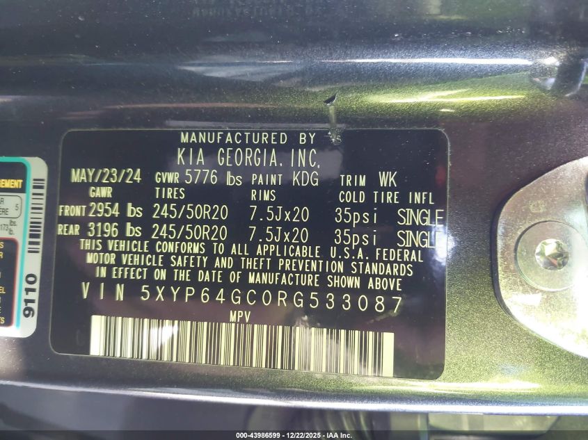 2024 Kia Telluride S VIN: 5XYP64GC0RG533087 Lot: 43986599