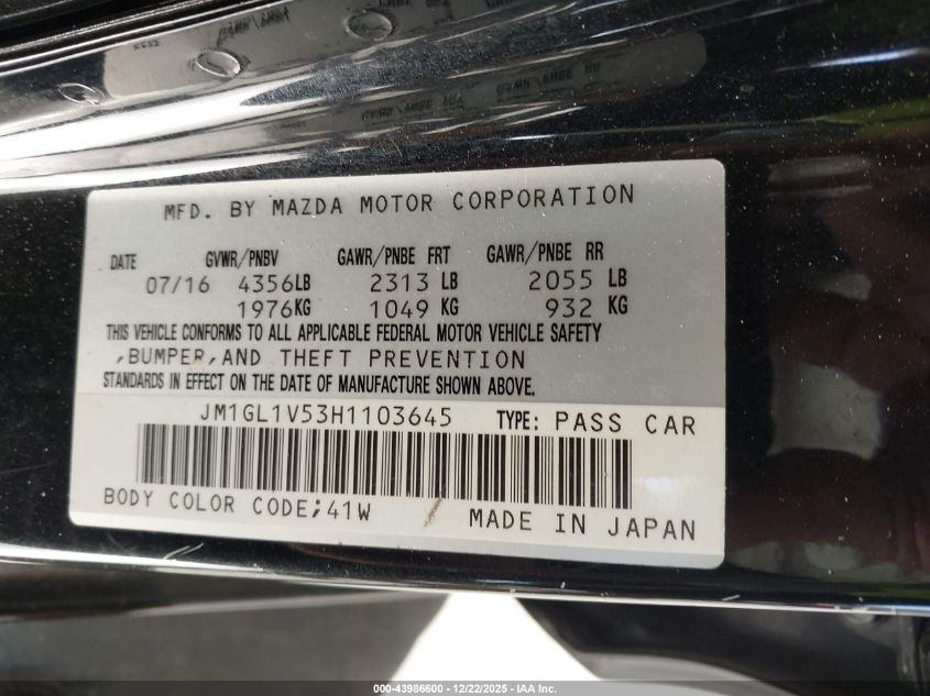 2017 Mazda Mazda6 Touring VIN: JM1GL1V53H1103645 Lot: 43986600