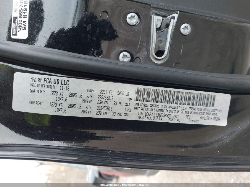 2019 Jeep Cherokee Altitude Fwd VIN: 1C4PJLLB3KD338921 Lot: 43986602