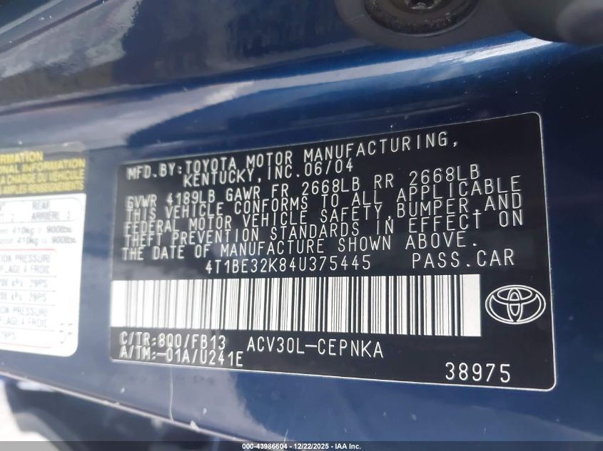 2004 Toyota Camry Le VIN: 4T1BE32K84U375445 Lot: 43986604