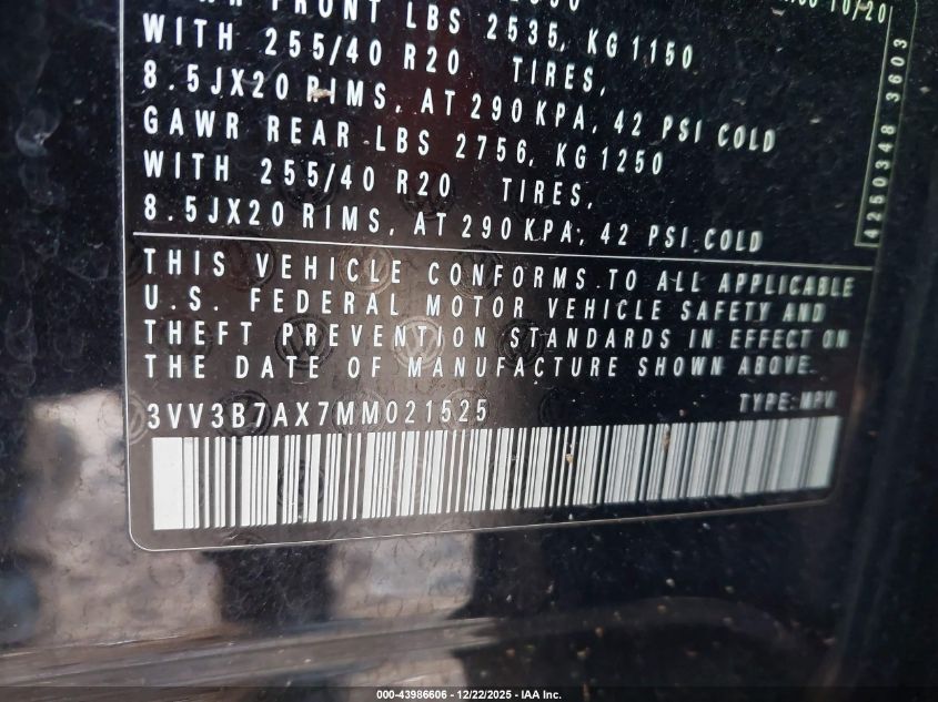 2021 Volkswagen Tiguan 2.0T Se/2.0T Se R-Line Black/2.0T Sel VIN: 3VV3B7AX7MM021525 Lot: 43986606