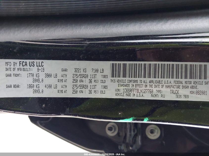 2020 Ram 1500 Big Horn 4X4 5'7 Box VIN: 1C6SRFFT8LN127760 Lot: 43986609