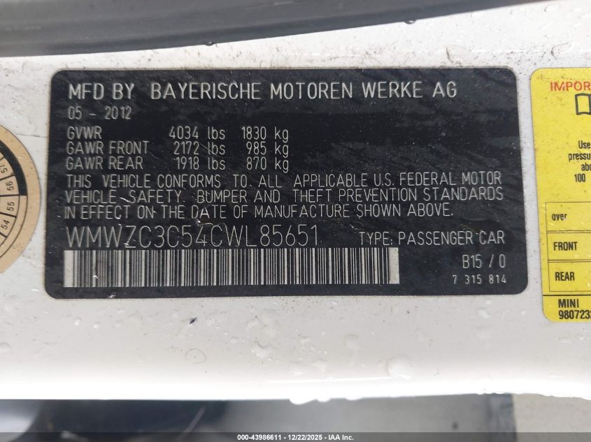 2012 Mini Cooper S Countryman VIN: WMWZC3C54CWL85651 Lot: 43986611