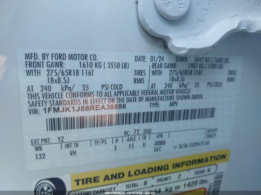 2024 Ford Expedition Xlt Max VIN: 1FMJK1J88REA38886 Lot: 43986625
