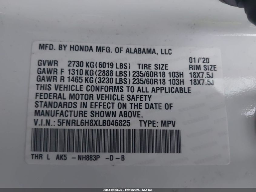 2020 Honda Odyssey Touring VIN: 5FNRL6H8XLB046825 Lot: 43986626