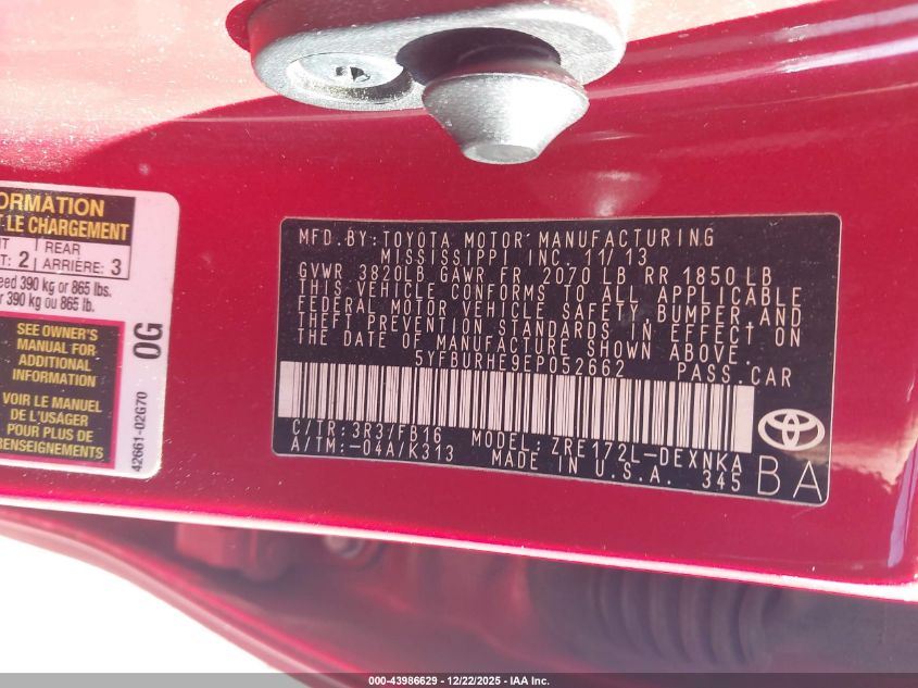 2014 Toyota Corolla Le VIN: 5YFBURHE9EP052662 Lot: 43986629