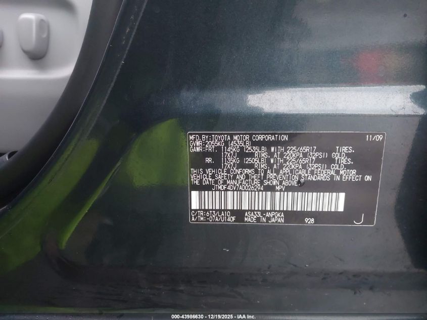 2010 Toyota Rav4 Limited VIN: JTMDF4DV7AD026294 Lot: 43986630