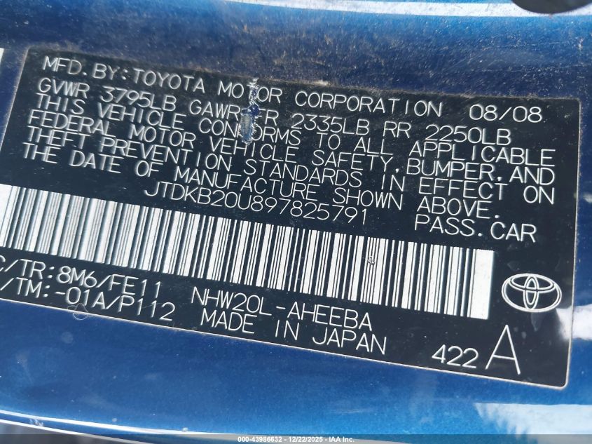 2009 Toyota Prius VIN: JTDKB20U897825791 Lot: 43986632