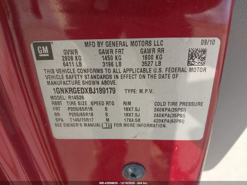 2011 Chevrolet Traverse 1Lt VIN: 1GNKRGEDXBJ189179 Lot: 43986638