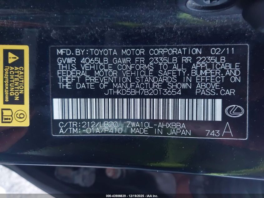 2011 Lexus Ct 200H Premium VIN: JTHKD5BH7B2013654 Lot: 43986639