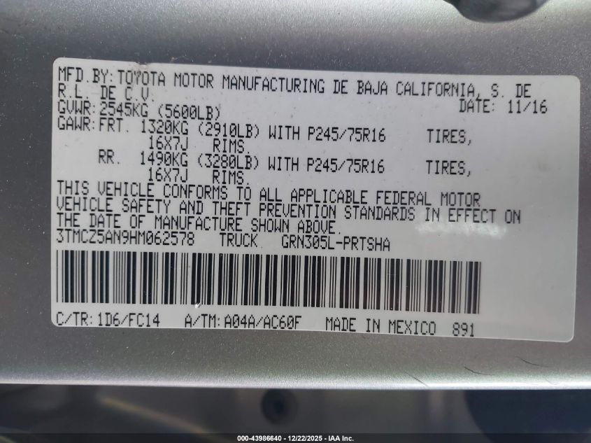 2017 Toyota Tacoma Sr5 V6 VIN: 3TMCZ5AN9HM062578 Lot: 43986640