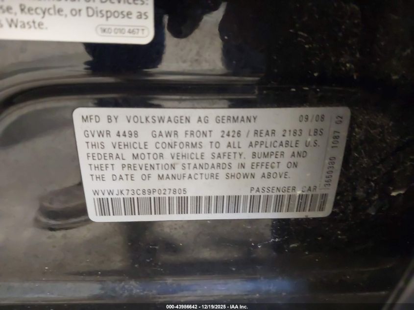 2009 Volkswagen Passat Komfort VIN: WVWJK73C89P027805 Lot: 43986642