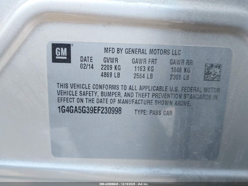 2014 Buick Lacrosse VIN: 1G4GA5G39EF230998 Lot: 43986645