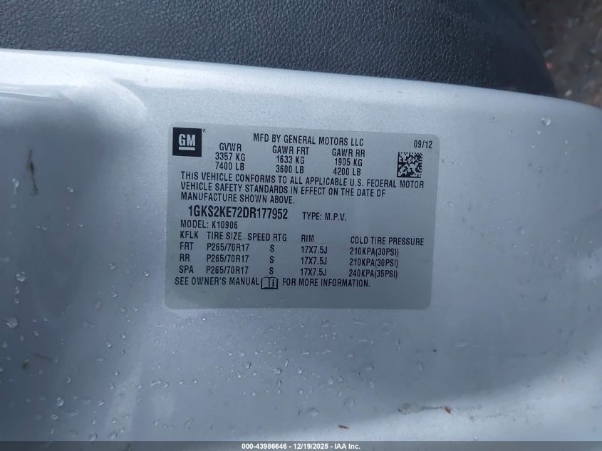 2013 GMC Yukon Xl 1500 Slt VIN: 1GKS2KE72DR177952 Lot: 43986646