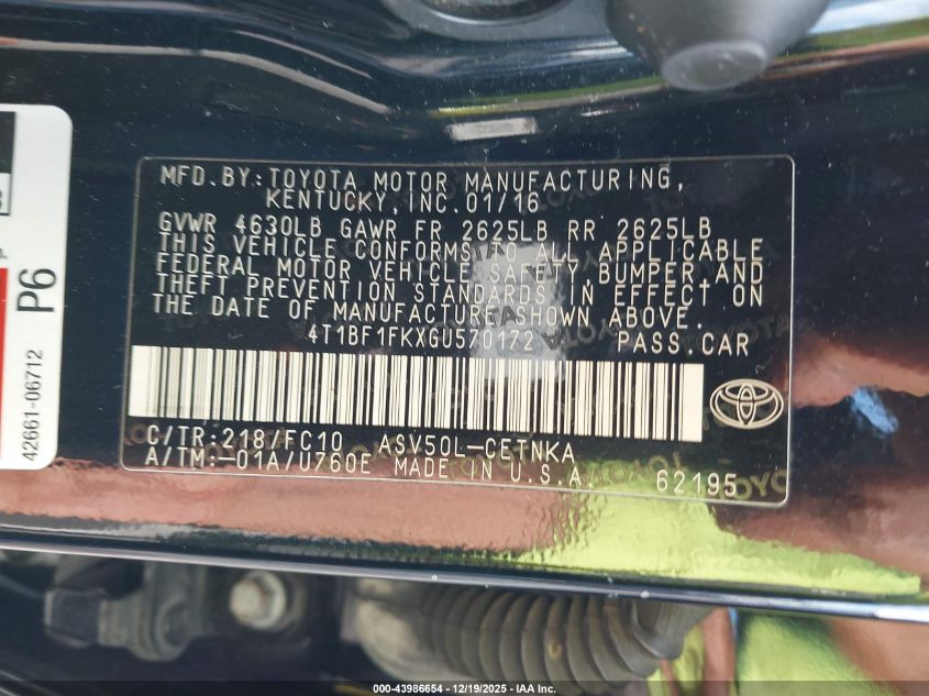2016 Toyota Camry Le VIN: 4T1BF1FKXGU570172 Lot: 43986654