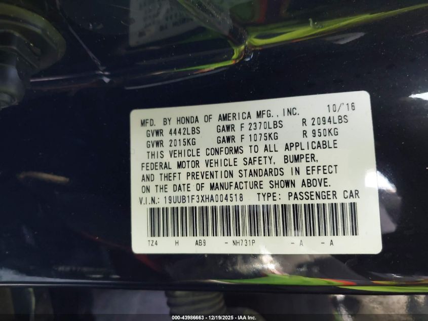 2017 Acura Tlx VIN: 19UUB1F3XHA004518 Lot: 43986663