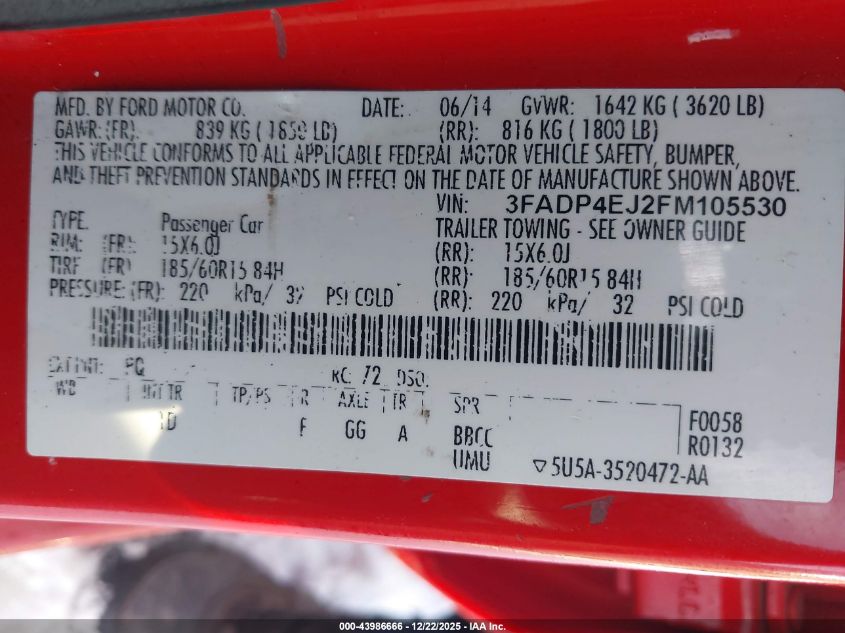 2015 Ford Fiesta Se VIN: 3FADP4EJ2FM105530 Lot: 43986666