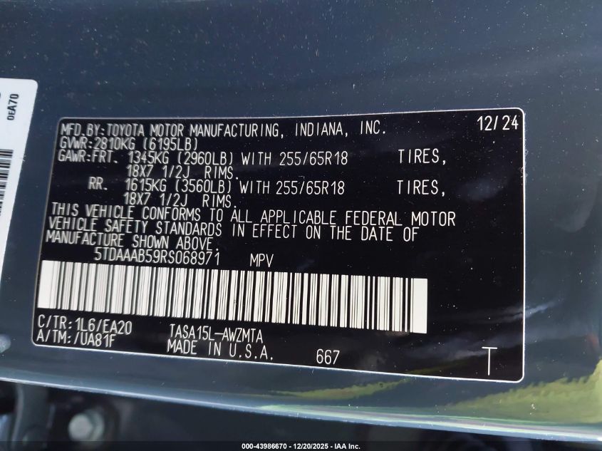 2024 Toyota Grand Highlander Xle VIN: 5TDAAAB59RS068971 Lot: 43986670