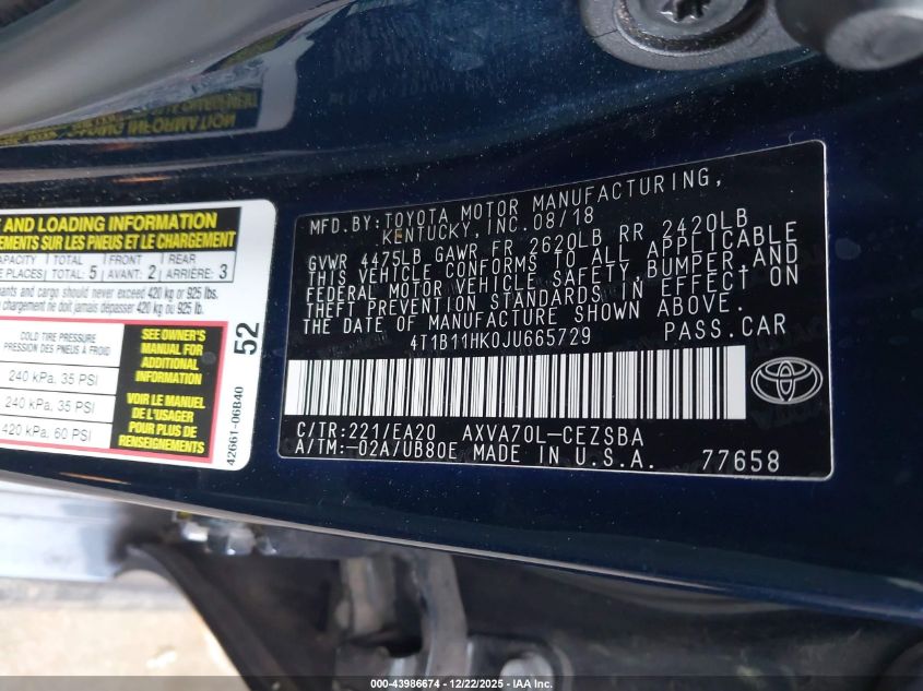 2018 Toyota Camry Se VIN: 4T1B11HK0JU665729 Lot: 43986674