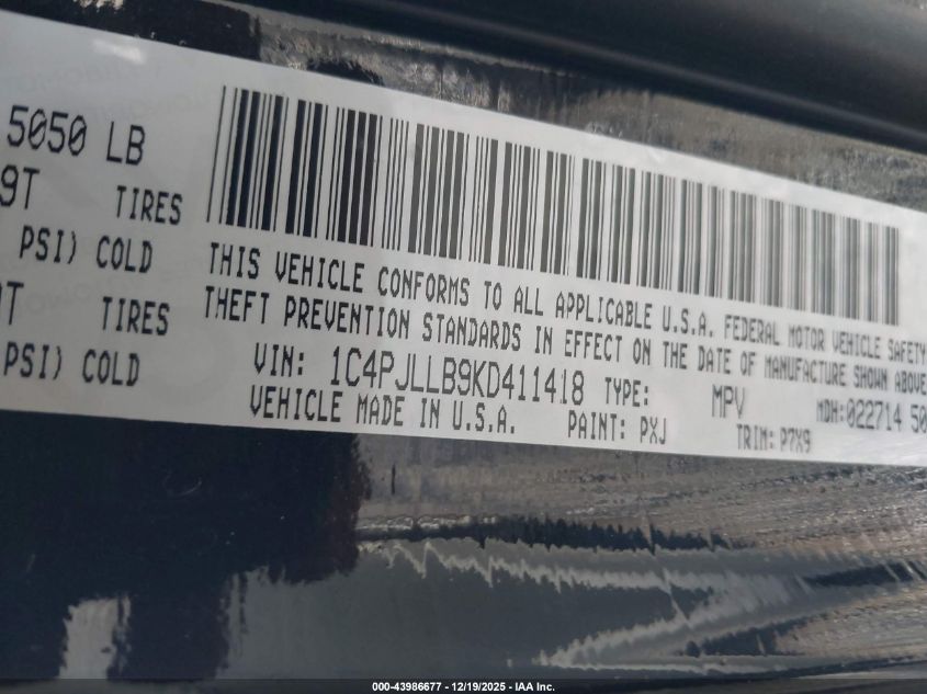 2019 Jeep Cherokee Latitude Plus Fwd VIN: 1C4PJLLB9KD411418 Lot: 43986677