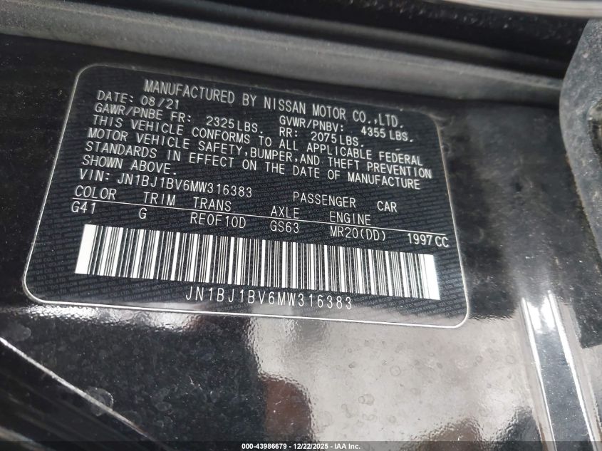 2021 Nissan Rogue Sport Sv Fwd Xtronic Cvt VIN: JN1BJ1BV6MW316383 Lot: 43986679