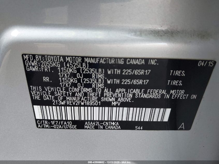 2015 Toyota Rav4 Xle VIN: 2T3WFREV2FW189501 Lot: 43986682