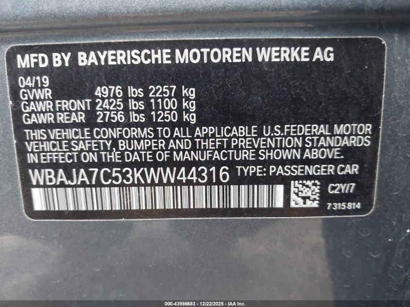 2019 BMW 530I xDrive VIN: WBAJA7C53KWW44316 Lot: 43986683