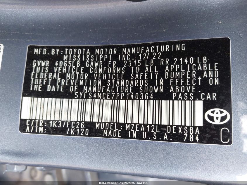 2023 Toyota Corolla Se VIN: 5YFS4MCE7PP140364 Lot: 43986687