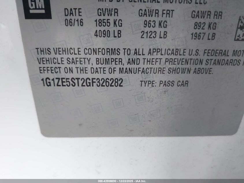 2016 Chevrolet Malibu 1Lt VIN: 1G1ZE5ST2GF326282 Lot: 43986690
