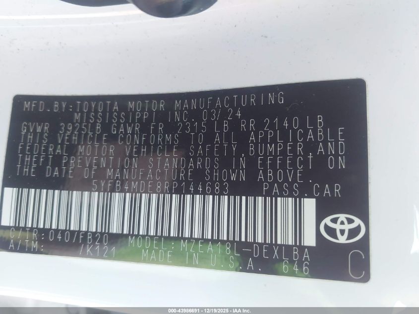 2024 Toyota Corolla Le VIN: 5YFB4MDE8RP144683 Lot: 43986691