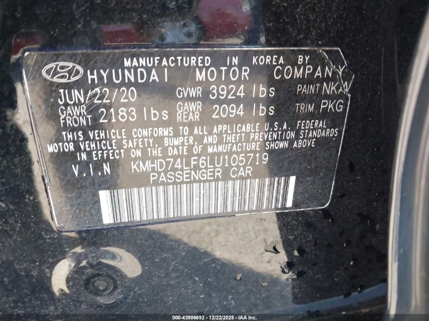 2020 Hyundai Elantra Se VIN: KMHD74LF6LU105719 Lot: 43986692