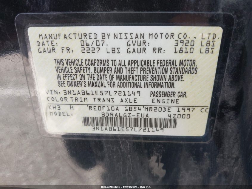 2007 Nissan Sentra 2.0Sl VIN: 3N1AB61E57L721149 Lot: 43986695