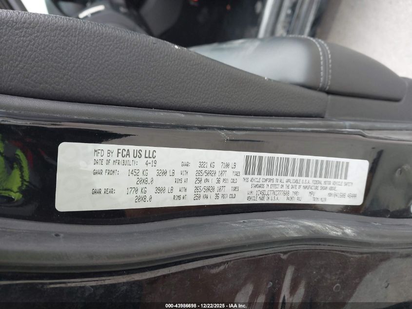 2019 Dodge Durango R/T Awd VIN: 1C4SDJCT7KC777608 Lot: 43986698