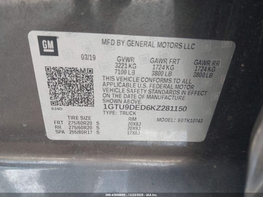 2019 GMC Sierra 1500 Slt VIN: 1GTU9DED6KZ281150 Lot: 43986699