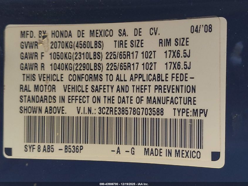 2008 Honda Cr-V Ex VIN: 3CZRE38578G703588 Lot: 43986700
