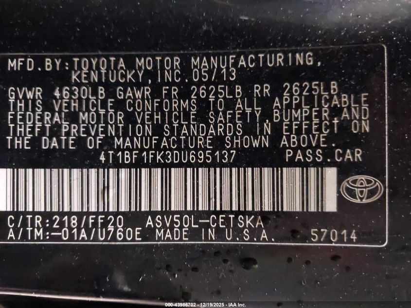 2013 Toyota Camry Se VIN: 4T1BF1FK3DU695137 Lot: 43986702