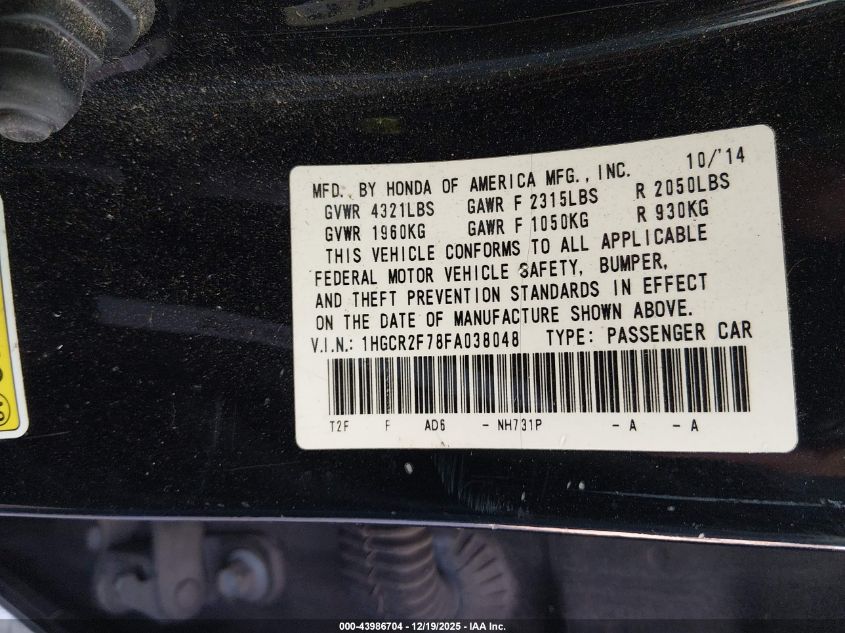 2015 Honda Accord Ex VIN: 1HGCR2F78FA038048 Lot: 43986704