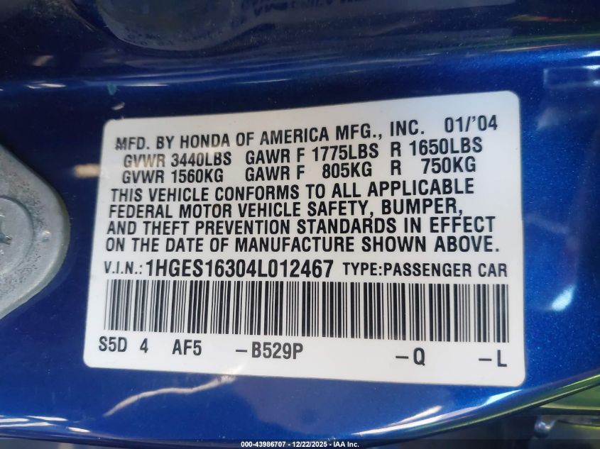 2004 Honda Civic Vp VIN: 1HGES16304L012467 Lot: 43986707