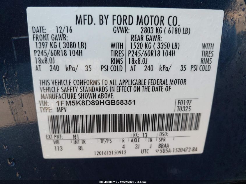 2017 Ford Explorer Xlt VIN: 1FM5K8D89HGB58351 Lot: 43986712